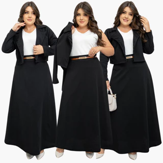 Conjunto Blazer Feminino 4 Peças Saia Com Blusa E Cinto Moda Evangelica Congresso Festa Plus Size