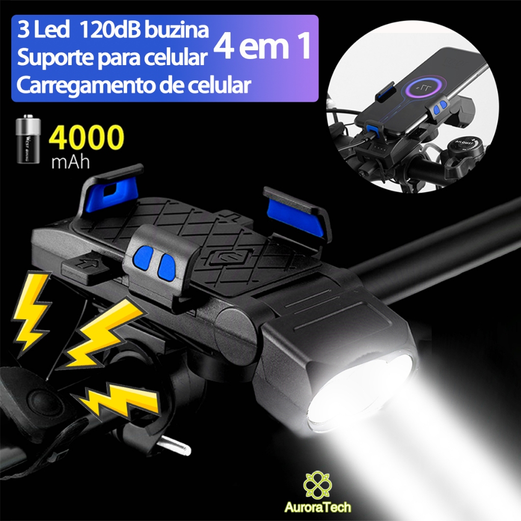 Lanterna Bike Com Buzina E Suporte De Celular 4 Em 1 Multifuncional Farol De Bicicleta Recarregável Luz De LED BIC006