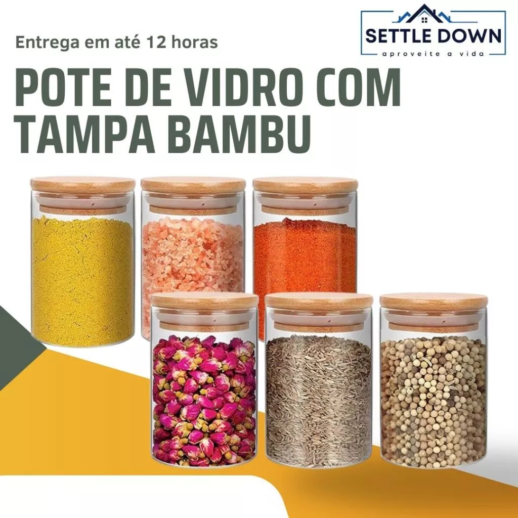 Kit de potes de vidro com tampa de bambu