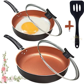 Kit 2 Frigideira Alta 24Cm e 18cm Preto Cobre Com Tampa De Vidro E Espátula Antiaderente 5 Camadas Teflon Funda Grossa
