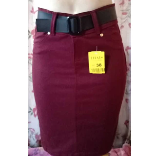 Saia Jeans secretária midi cor VINHO com cinto