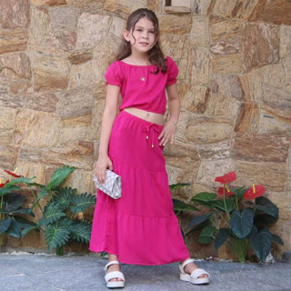 conjunto infantil menina cropped e saia longa liso tamanhos 4 aos 12