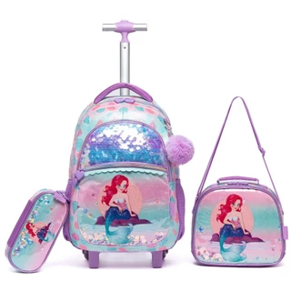 Kit Mochila de Rodinha Menina Sereia Estojo Lancheira Escolar