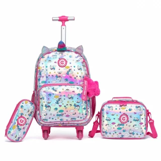 kit Mochila Infantil de Rodinha Menina Escolar Lancheira Estojo