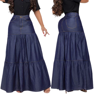 Saia Longa Feminina Jeans Cintura Alta Evangélica Blogueira Sem Lycra Senhora