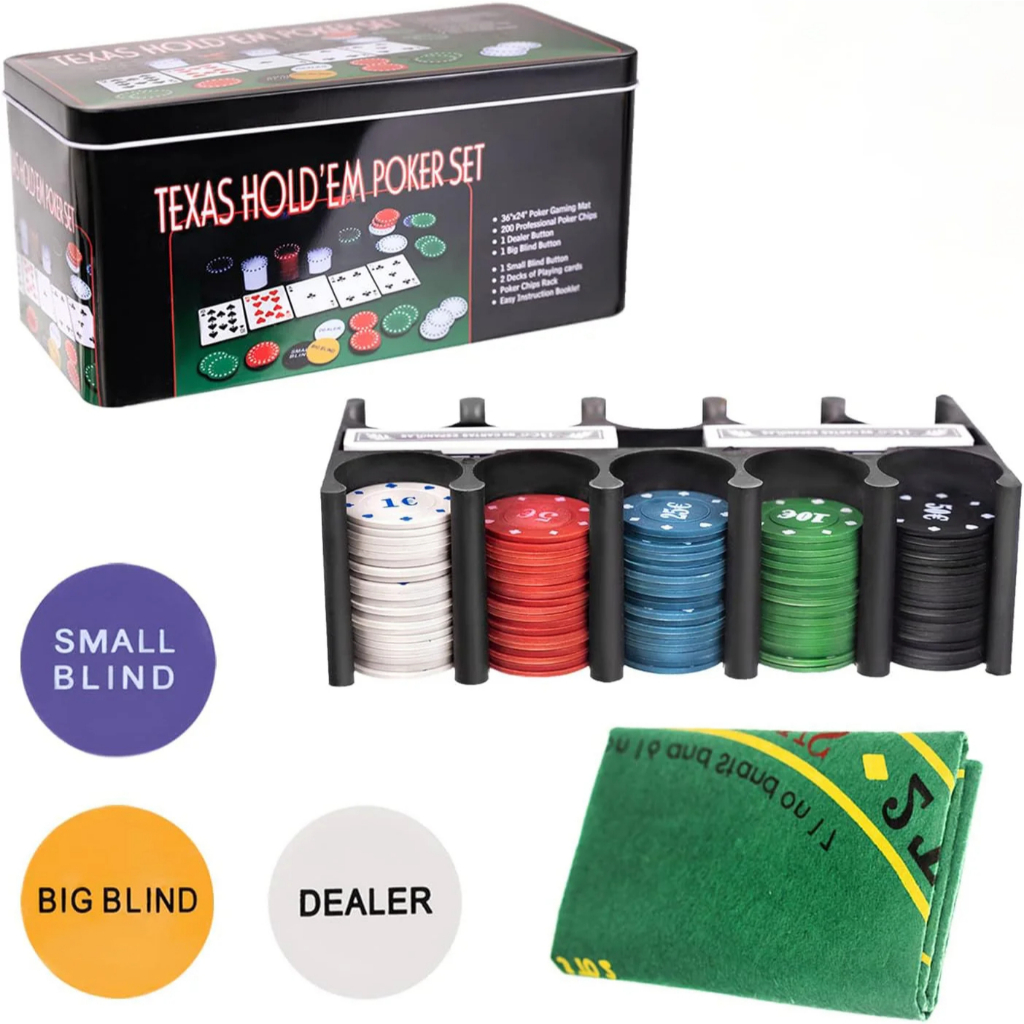 Kit Poker Profissional Em Lata 200 Fichas Texas Hold'em Set Baralhos + Feltro