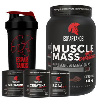 Kit Suplemento Hipercalórico Muscle Mass + Bcaa 3:1:1 + Creatina + Glutamina + Shaker - Espartanos