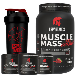 Kit Suplemento Hipercalórico Muscle Mass + Bcaa 3:1:1 + Creatina + Glutamina + Shaker - Espartanos — foto 2 — Achou Levou Brasil