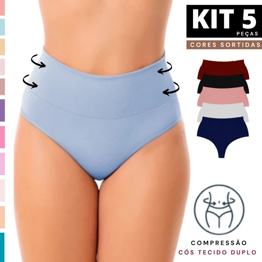 Kit 5 Calcinhas Cinta Cintura Alta Cós Duplo Tanga Rose Compressão Sustentação Conforto Dia a Dia
