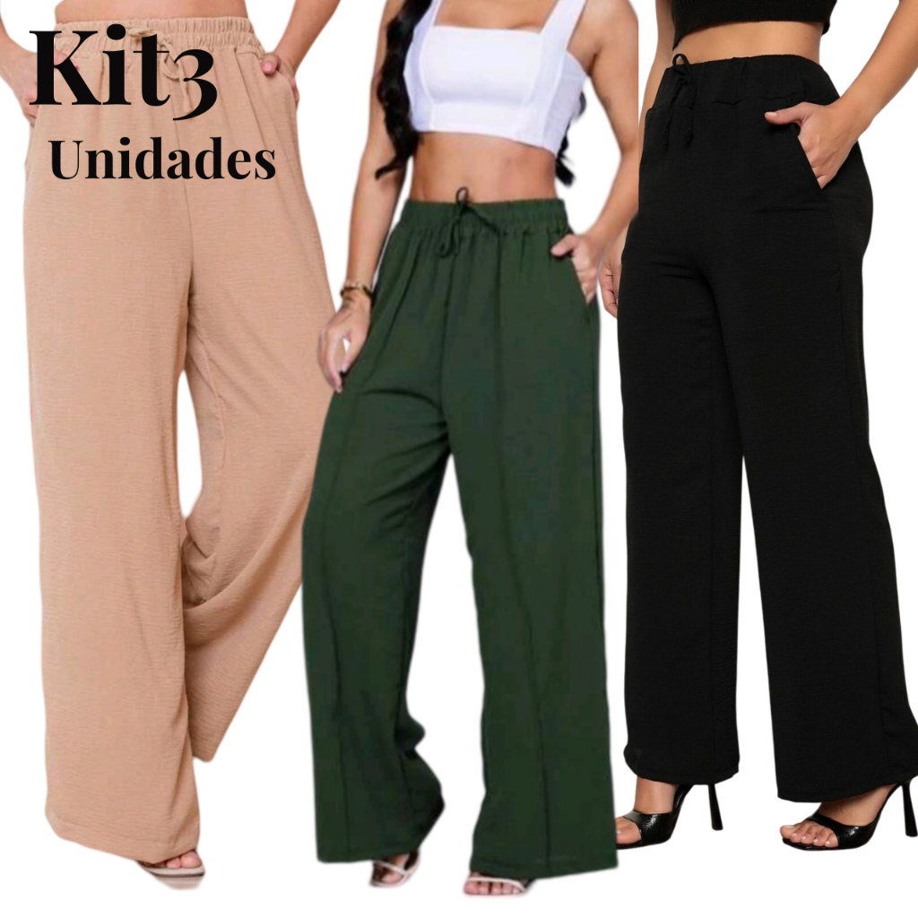 Kit 3 Calça Wide Leg Feminina Tecido Duna Pantalona Moderna com Bolsos