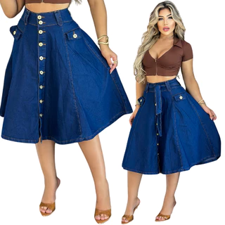 Saia Jeans Midi Rodada Cintura Alta Evangelica Com Lycra Elastano Acompanha Faixa