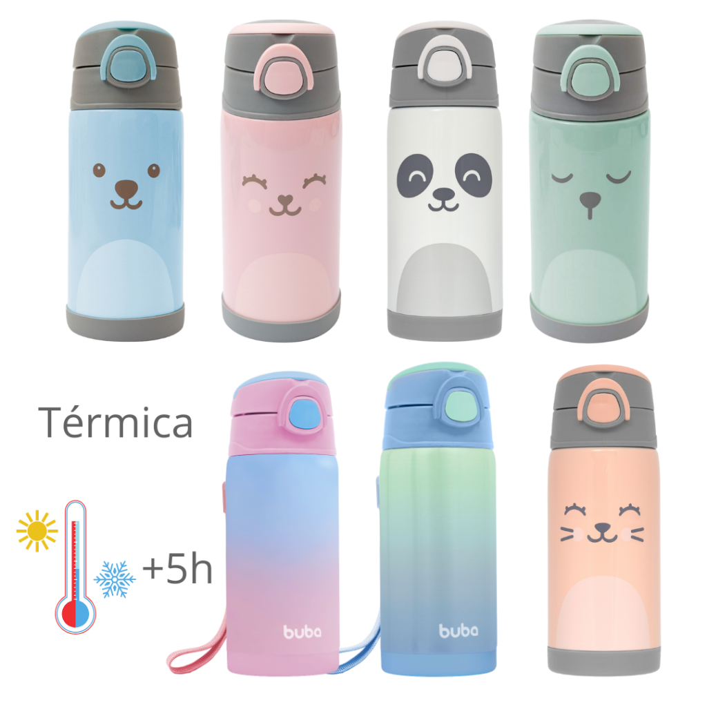 garrafa garrafinha térmica inox infantil escolar para água, sucos e chás quente ou frio 400ml Buba