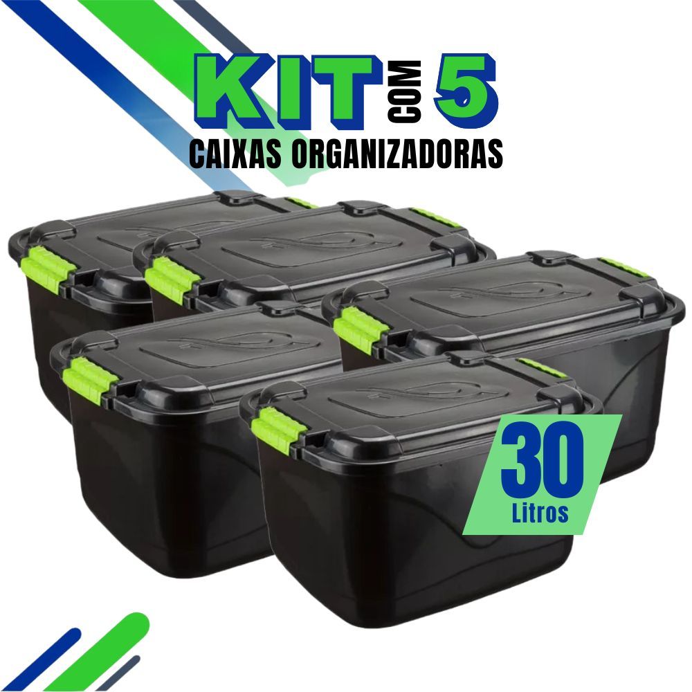 Kit 5 Caixas Organizadoras 30l Grande C/Tampa e Trava Organizador para Brinquedos Multiuso
