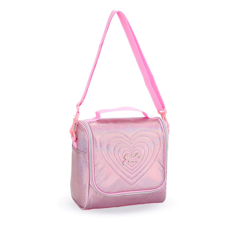 Kit 3pçs Mochila de Costas Love Just Coração com Pompom e Chaveiro
