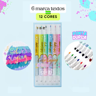 Kit 6 Marca Textos com 12 Cores Ponta Dupla Color Laying Sopreposição de Cores Escolar