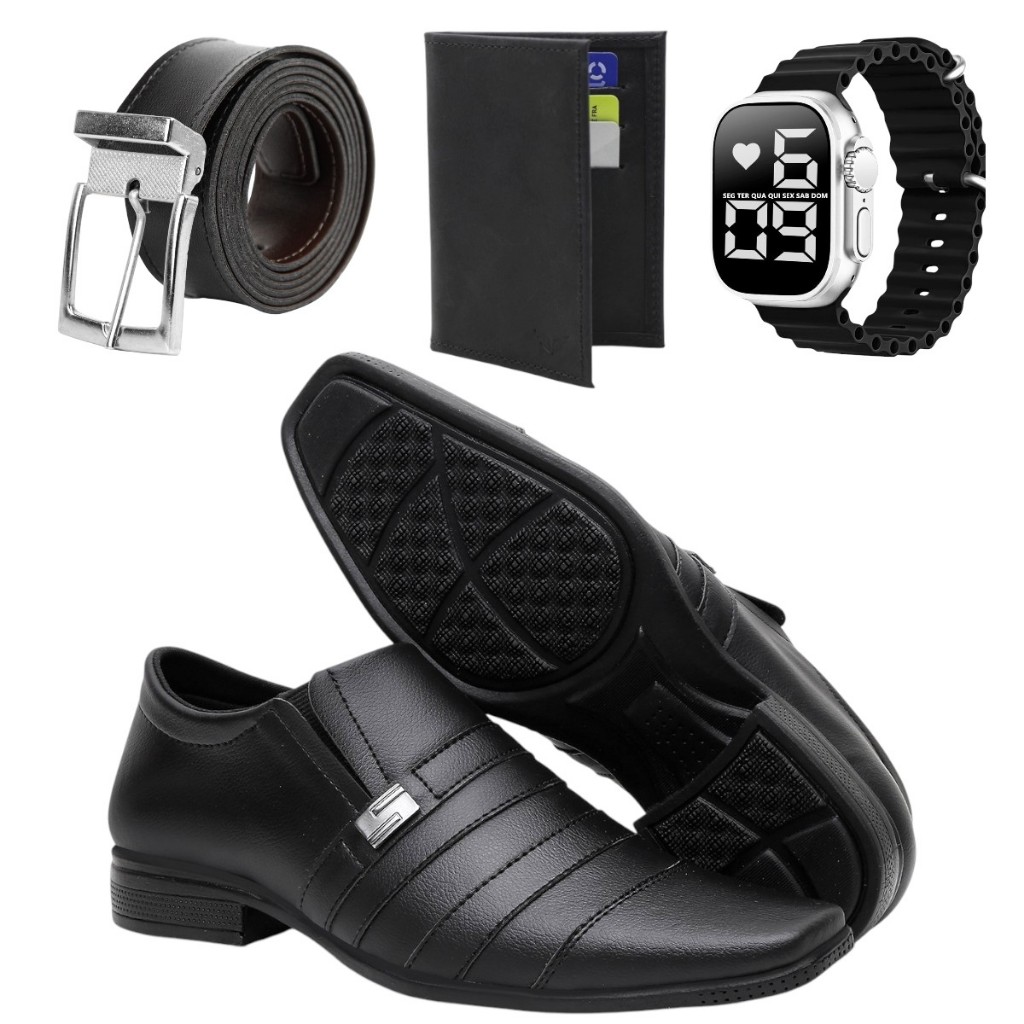 Sapato Social Masculino em Material Tecnológico com Metal Lateral Luxo Clássico Liso Fosco Lançamento