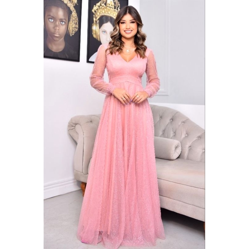 Vestido Rose Madrinha Manga Longa Vestido De Festa Madrinha Manga