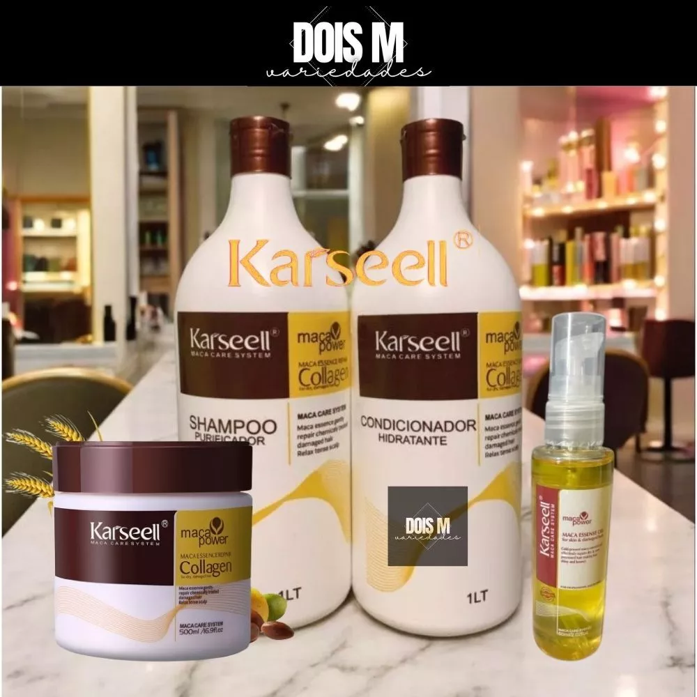 KIT Mascara Karseell Collagen Tratamento Capilar 500g + Shampoo + Condicionador + Óleo Maca Essence