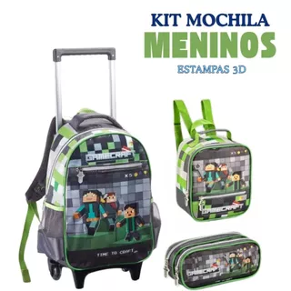 Kit Mochila Infantil Menino Aleatório Linda Reforçada Prática Grande 2 em 1 Com Carrinho Removível