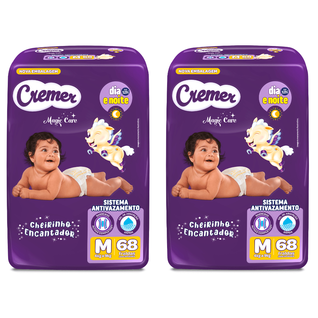 Kit 2ptes Fralda Cremer Hiper M 68 Unidades cada - Total 136un