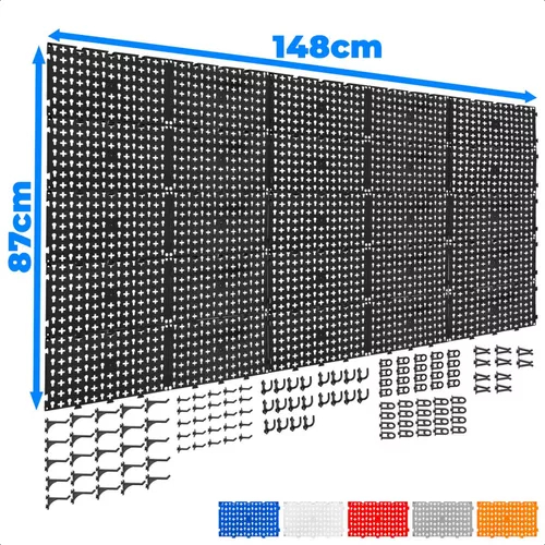 Painel de Ferramentas Perfurado Modular 148x87cm + 120 Ganchos - Plástico de Alta Resistência