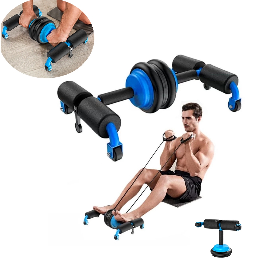 Roda Abdominal Multifuncional 3 em 1 Rolo de Exercício Com Corda Elástica Apoio Rodas e Ventosa