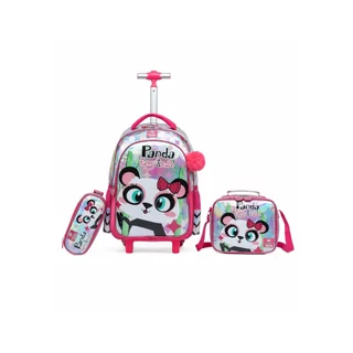 Kit Infantil Mochila Rodinhas Escolar Panda Lancheira Estojo Menina
