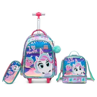 Kit Mochila Bolsa De Rodinhas Menina Infantil Escolar Reforçada Únicornio