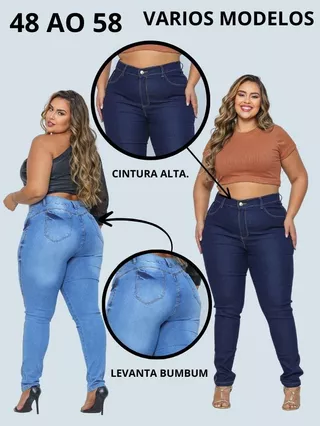 Calça Jeans Feminino Plus Size Cintura Alta Com Lycra Strech Elastano Premium- Curve 56 58