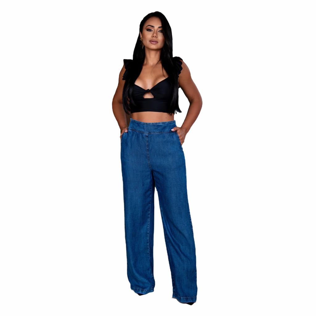Calça Pantalona Jeans Feminina Com Bolso e Elástico 100% Liocel Tencel