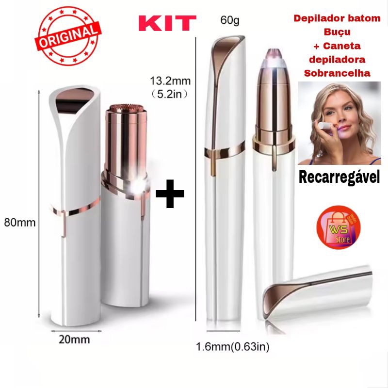 Kit Depilador Caneta Sobrancelha e Batom Buço Removedor e Aparador de Pelos BR