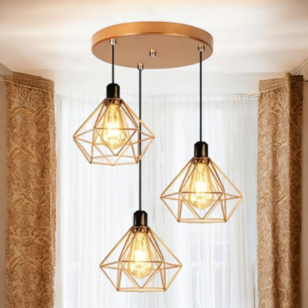 Conjunto Lustre Luminaria Pendente Diamante Triplo e-led Aramado Moderno 127v/220v