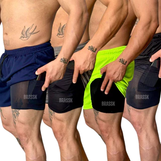 KIT 4 Short 2 em 1 BORD Masculino Com Elastano Academia Treino Corrida