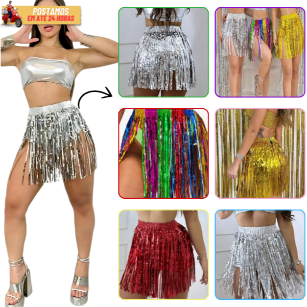 Saia Metalizada de Franja Fitilho Tamanho Único Para Fantasia Carnaval ...