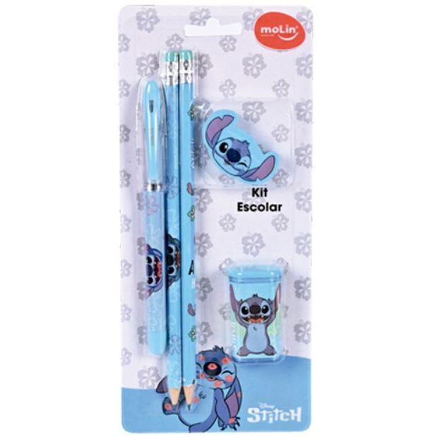 Kit Escolar Stitch 5 peças - Lapis, Caneta, Borracha, Apontador