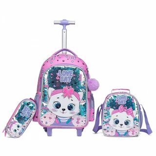 Kit Mochila Escolar Gatinha Menina Rodinha Estojo+lancheira