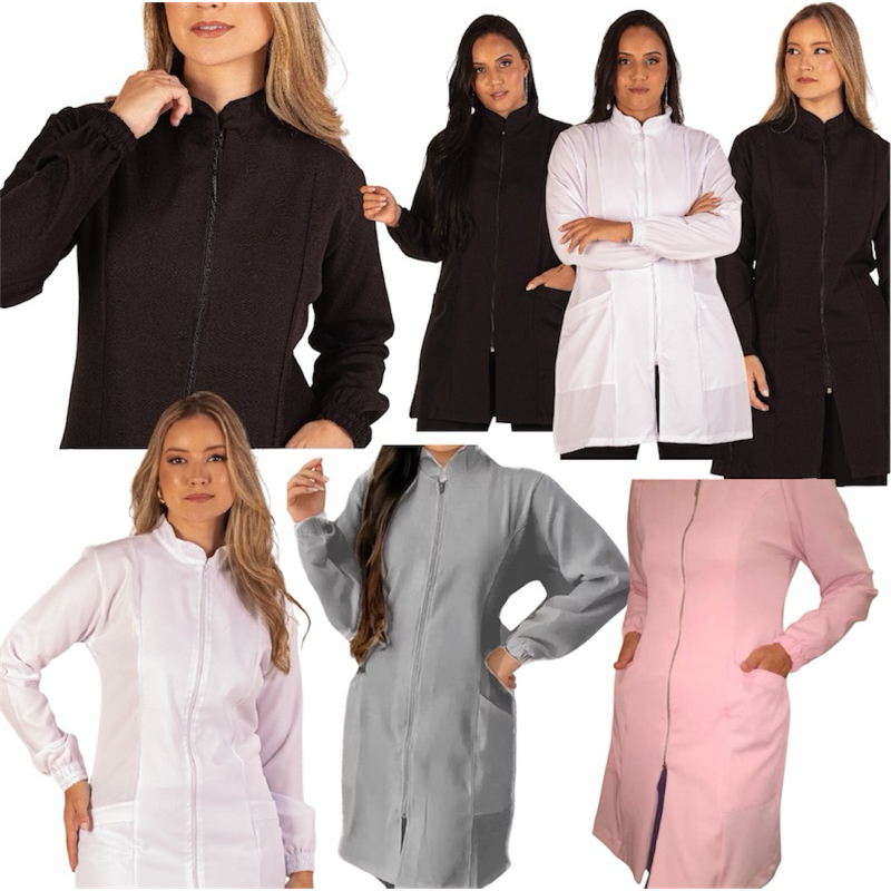 Jaleco Feminino Acinturado Oxford preto e gabardine branco Manga Longa ...