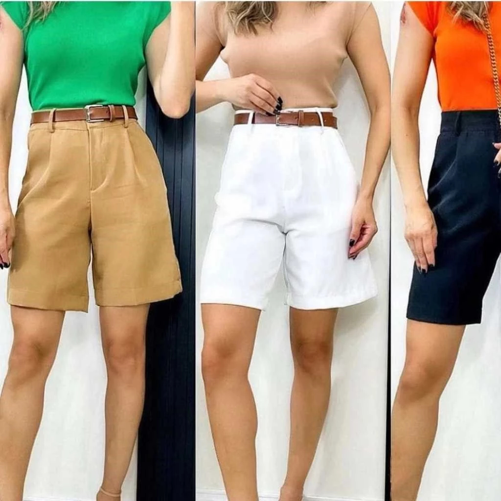 bermuda feminina alfaiataria com cinto Shorts Social linho Tendência da ...