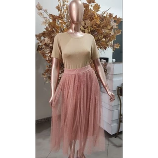 Saia Helena Max Midi Em Tule Premium Com Glitter Rosé Gold Casual Festas