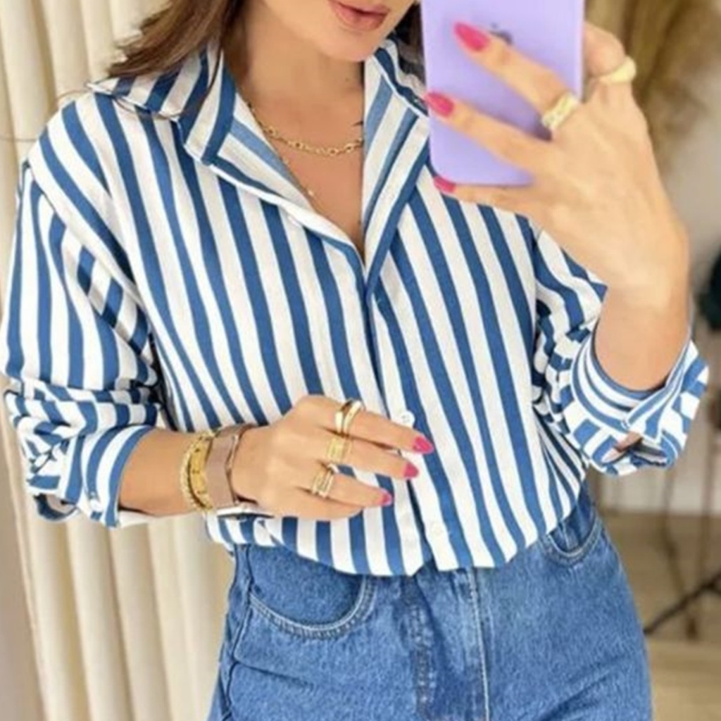 Camisa feminina manga longa social listrada risca de giz moda feminina ...
