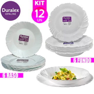 Kit jogo 6 Pratos Pétala Fundo e 6 Prato Pétala Raso Nadir branco Opaline Jantar Duralex Resistente