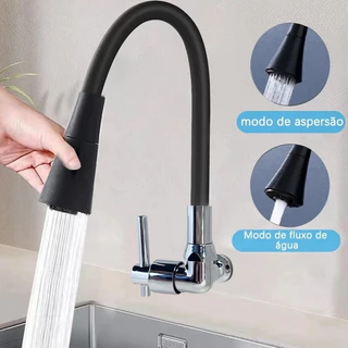 Torneira Gourmet Flexível Cozinha Preto Parede/METAL Inox Cozinha gourmet Chuveirinho Duplo Jato Cone 1/2 de Volta