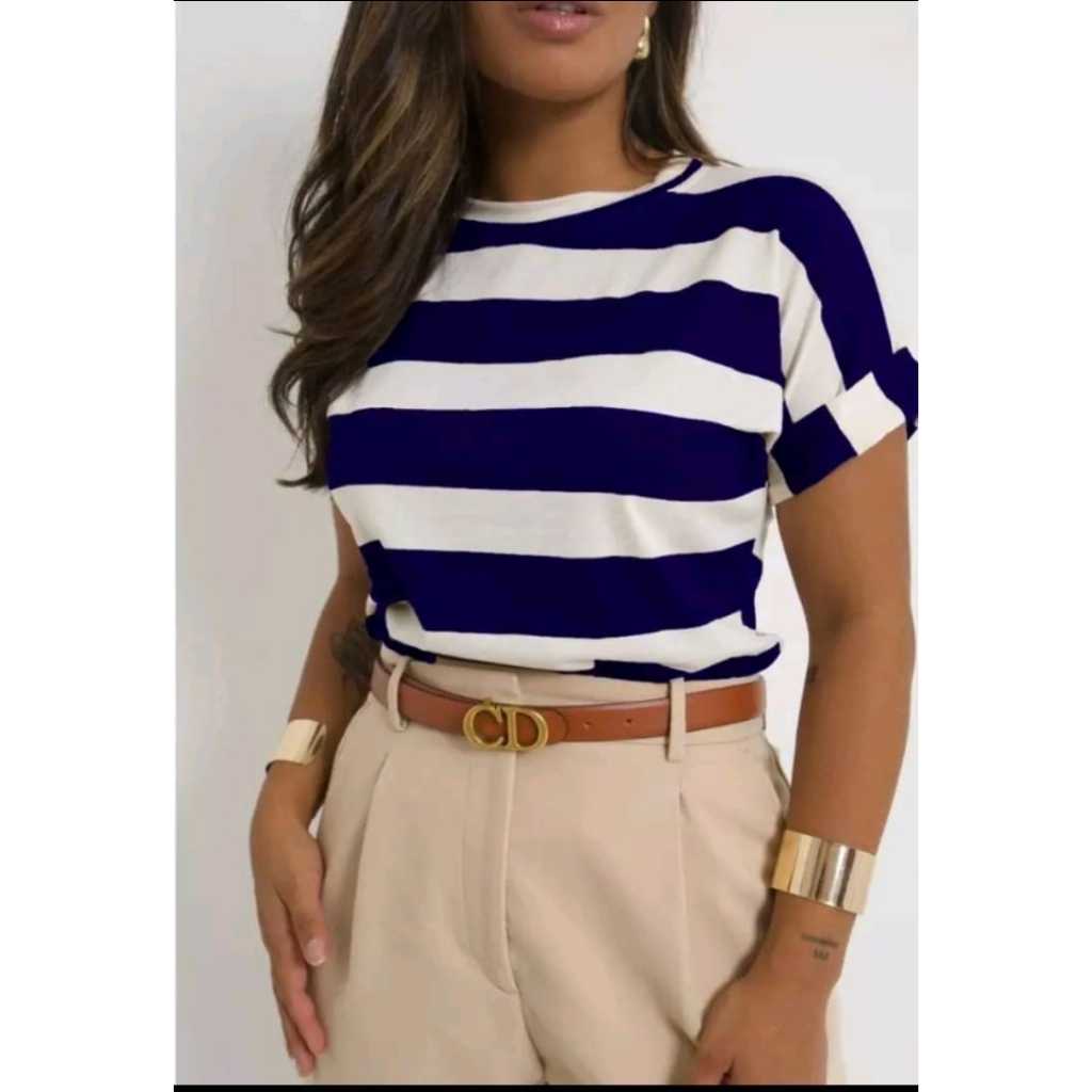 Blusa Listrada Feminina T Shirt Manga Japonesa serve para Plus