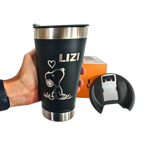 Copo Snoopy com nome personalizado Preto Térmico C/tampa E Abridor473ml