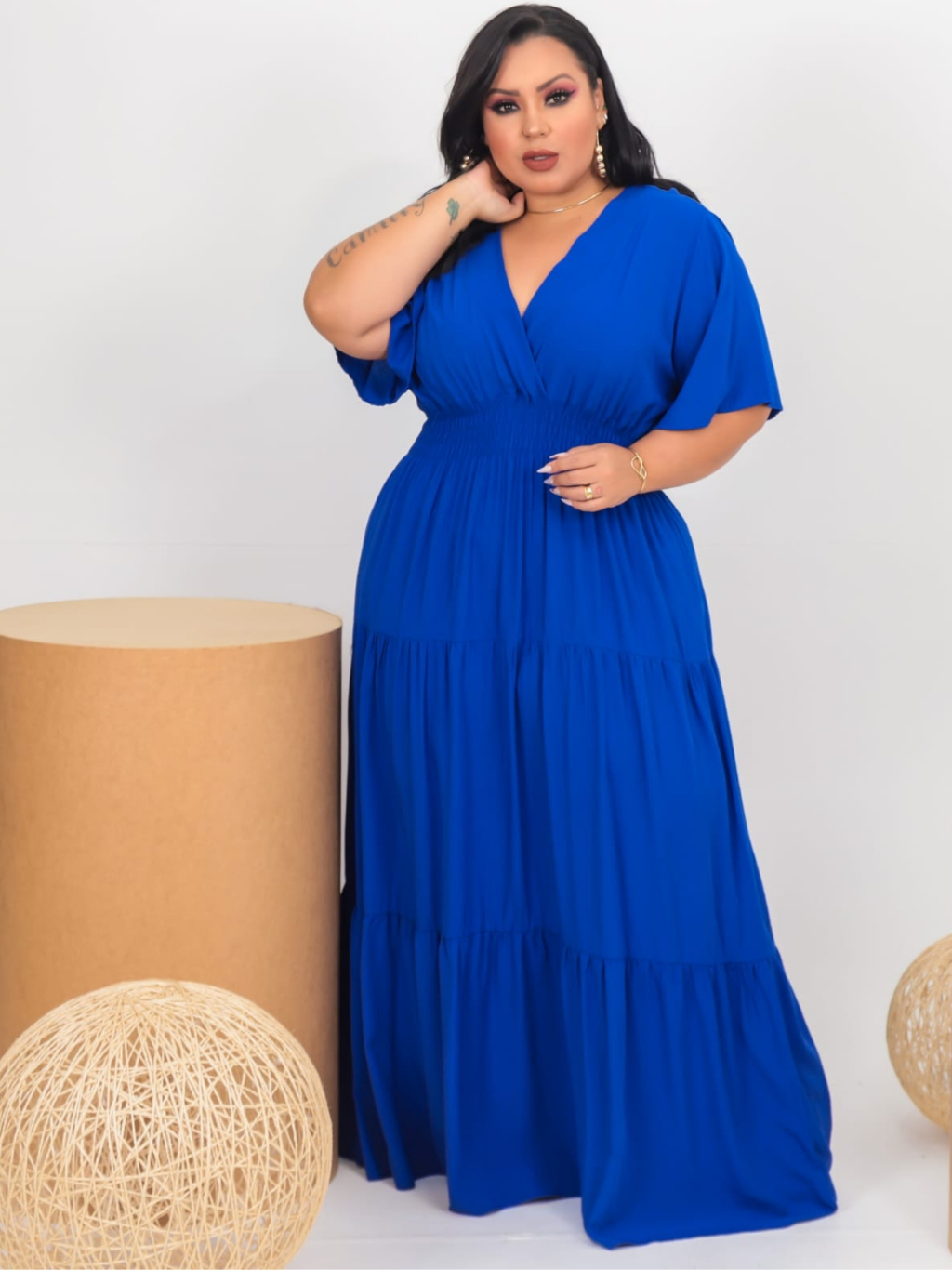 Vestido Longo Decote V Plus Size Moda Evangelica | Shopee Brasil