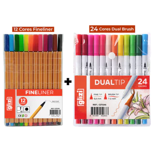 Kit Canetas Coloridas Ponta Fina 12 Cores + 24 Cores Dual Brush/Fineliner