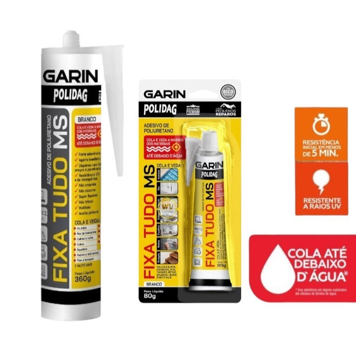 Cola Pu Fixa Tudo Adesivo Polidag Poliuretano Branco 80gr 360gr Veda Fixa até debaixo d'água