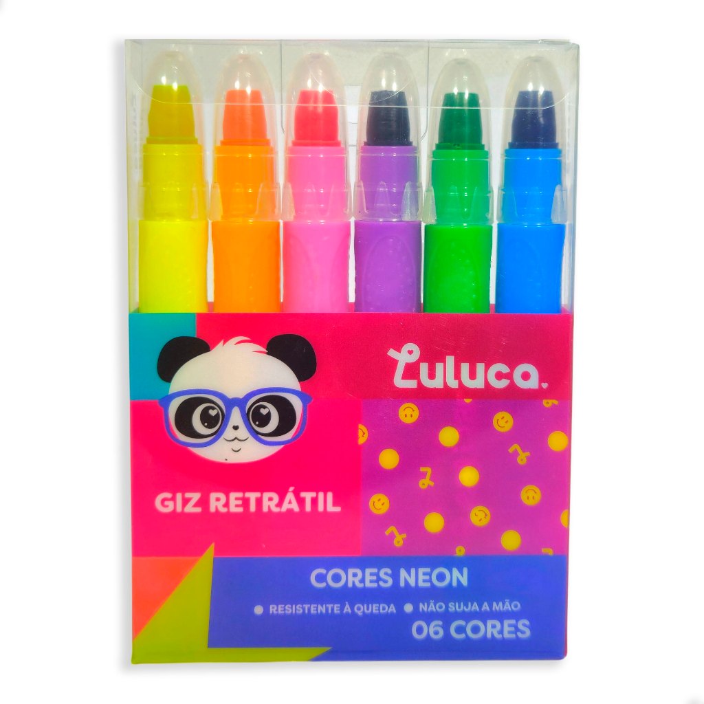 Giz de Cera Luluca Retrátil 6 Cores Neon Resistente Oficial