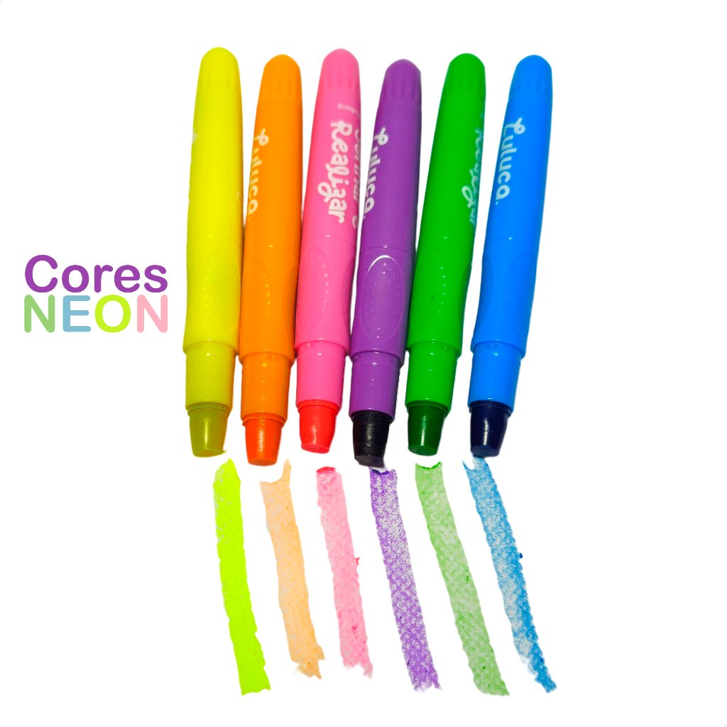 Giz de Cera Luluca Retrátil 6 Cores Neon Resistente Oficial