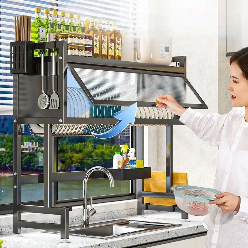 Escorredor de pratos sobre a pia com tampa Armazenamento para secagem de pratos Organizador de cozinha